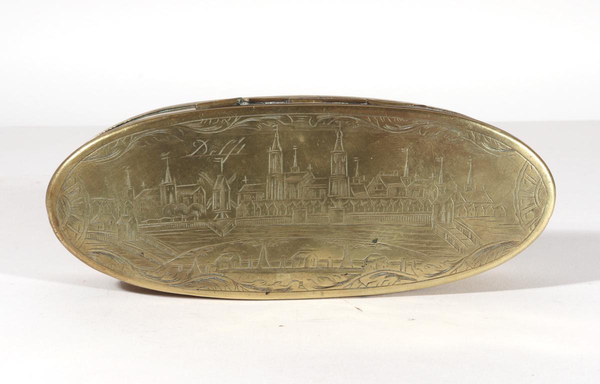 Dutch Brass Tobacco Box Depicting the City of Delft,  Circa 1760