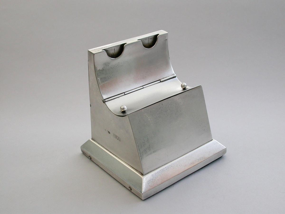 Edwardian Silver Stamp Roll Dispenser & Double Inkwell
