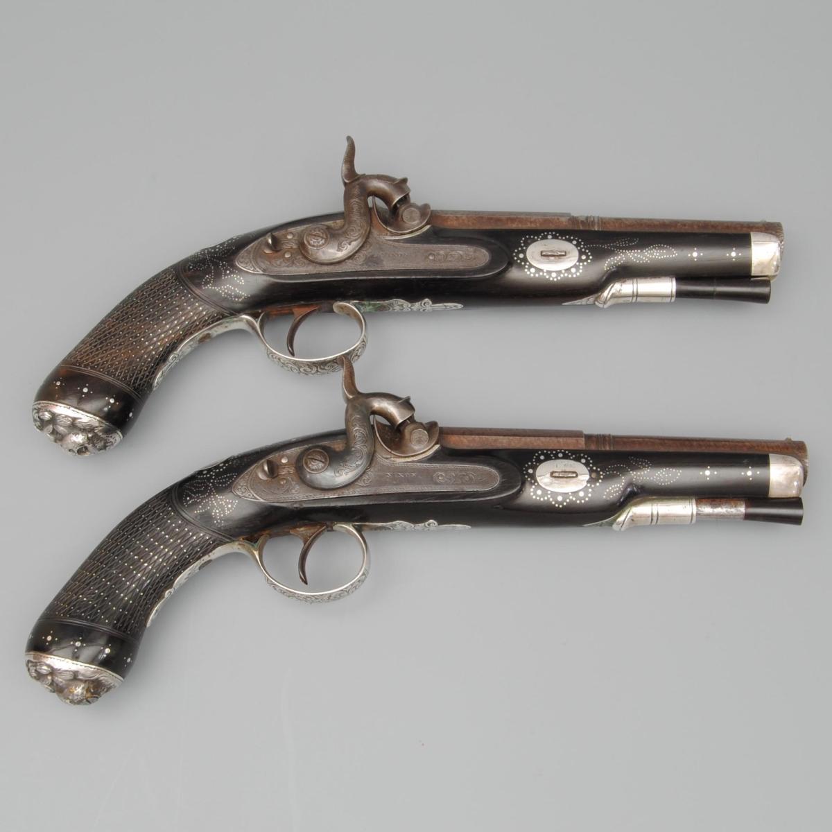 19th Century Silver Inlaid Percussion Pistols
