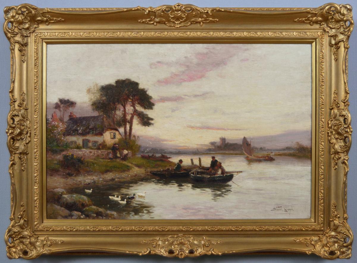 River landscape oil painting of boats on a river by Stuart Lloyd