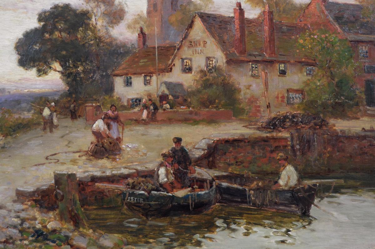 River landscape oil painting of an Inn by a river by Stuart Lloyd