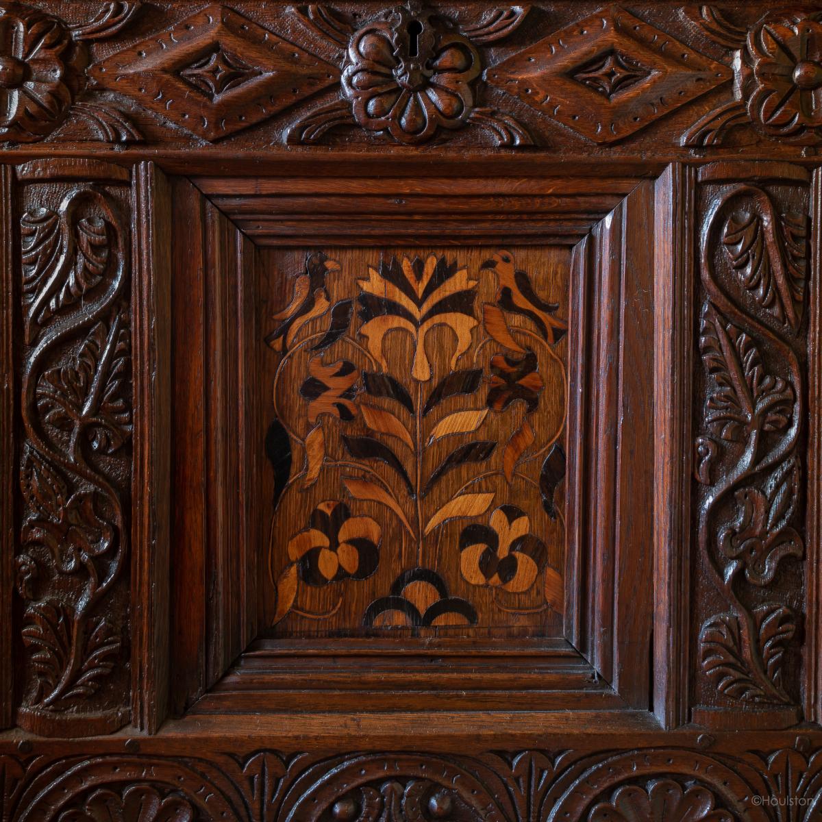 A good Charles I oak and marquetry inlaid coffer, Leeds area, Yorkshire, circa 1640