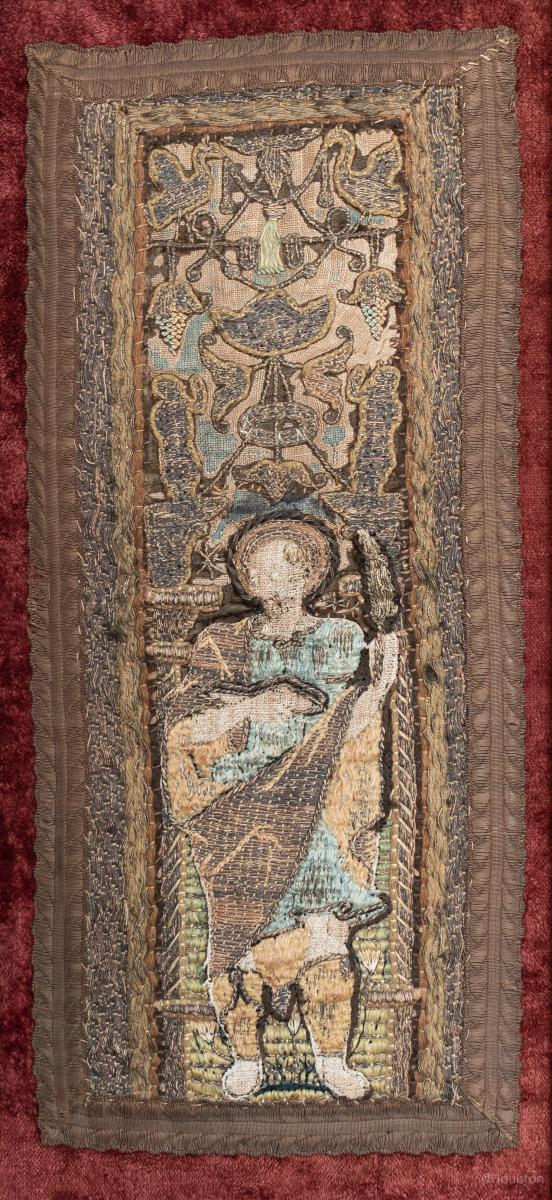 A pair of embroidered orphrey panel sections, Spanish or Italian, circa 1500