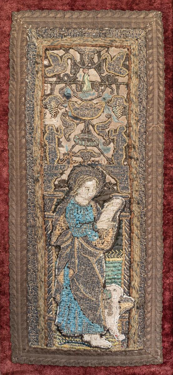 A pair of embroidered orphrey panel sections, Spanish or Italian, circa 1500