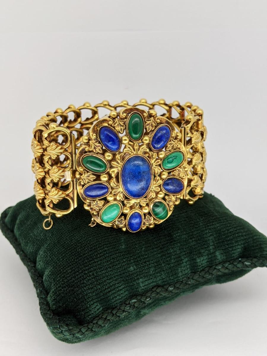 Antique gold bracelet set malachite and lapis lazuli