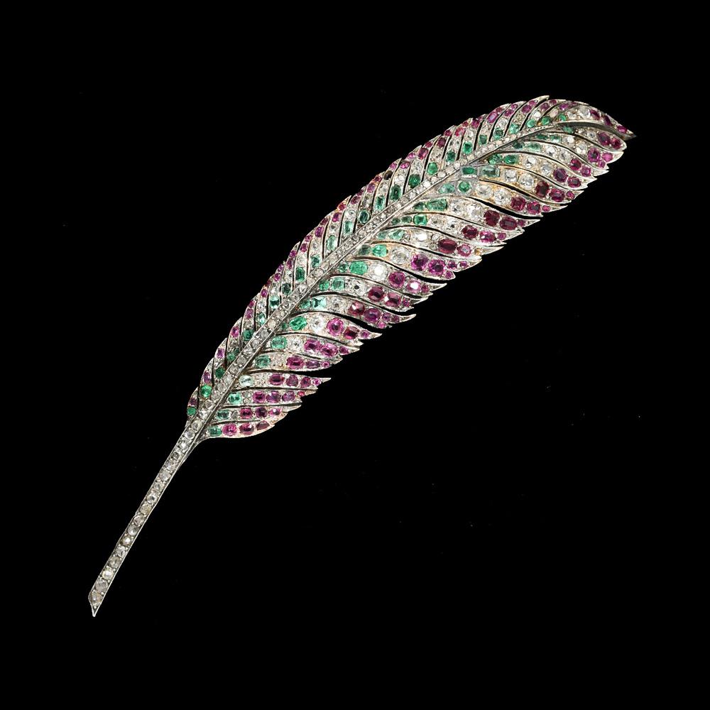 Victorian diamond emerald ruby gold and silver feather brooch circa 1870