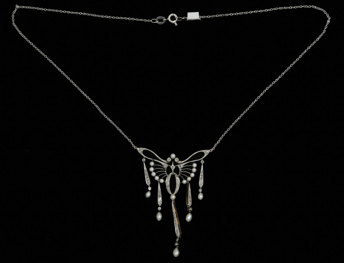 Platinum pearl diamond Edwardian drop necklace circa 1910