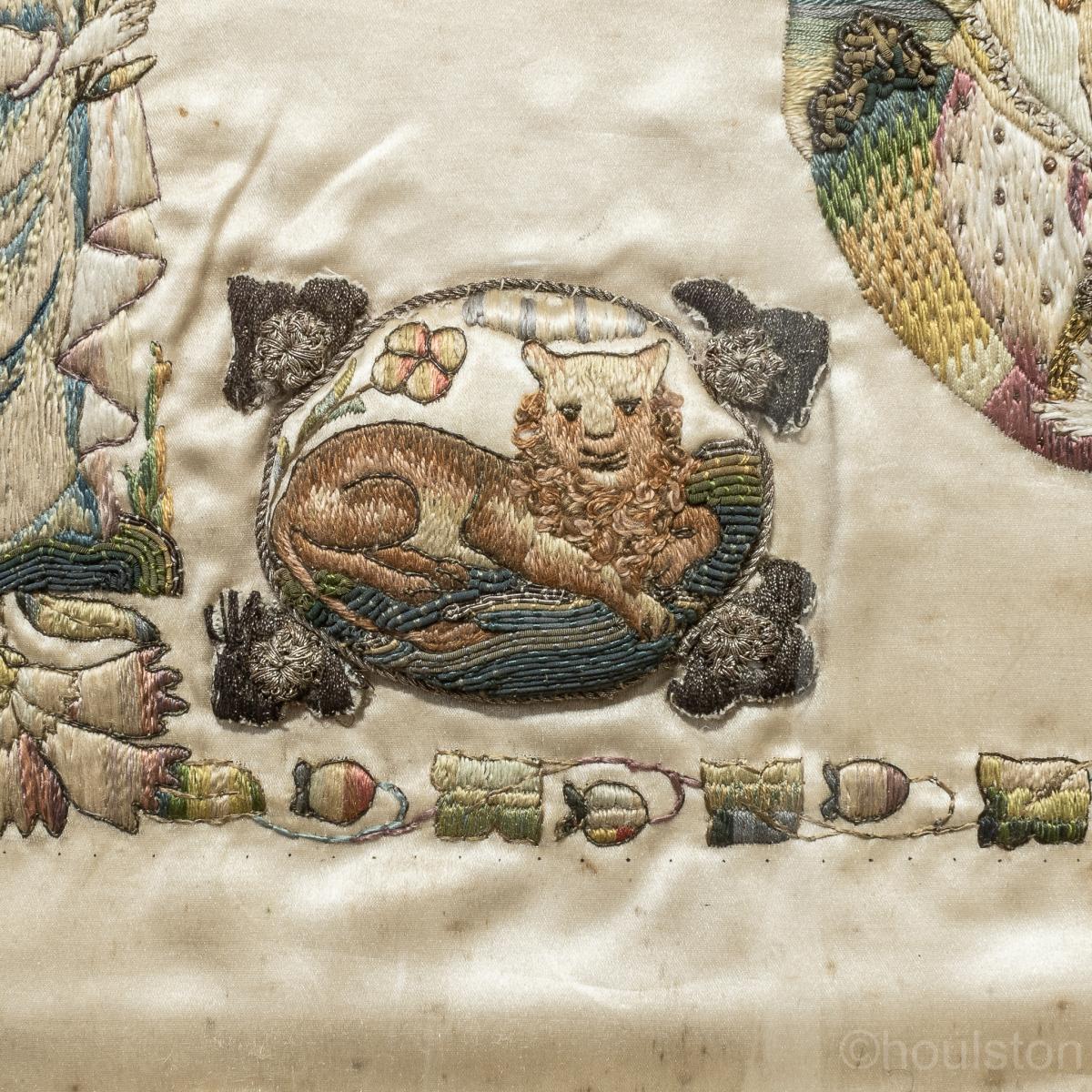 Charles II panel of silk and metal thread embroidery, circa 1660
