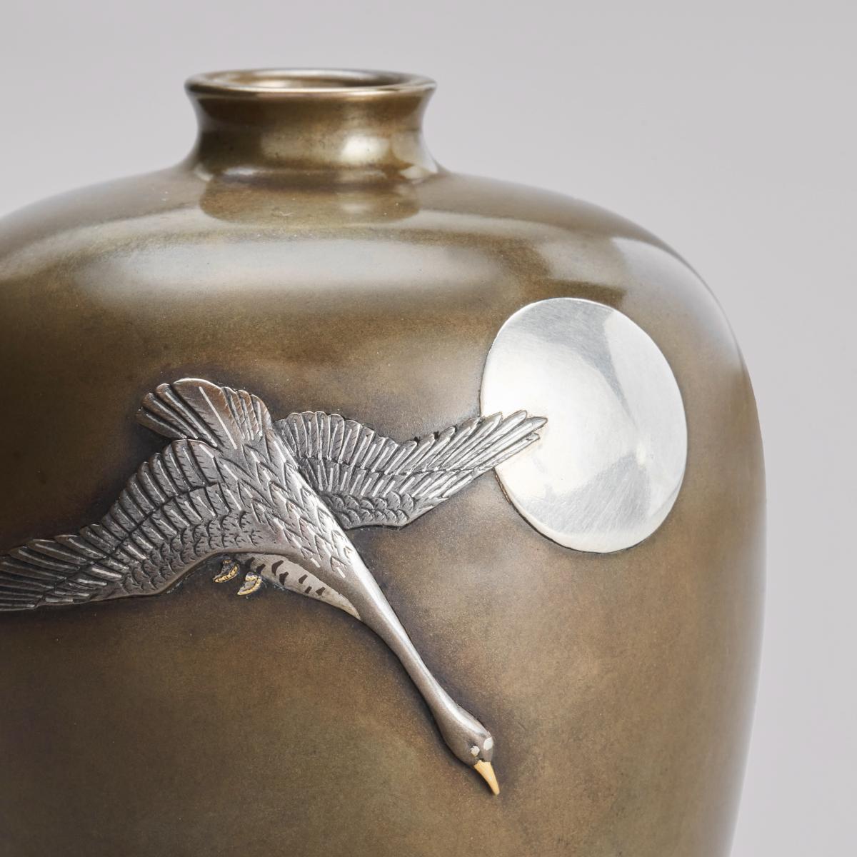 Japanese bronze vase with goose and moon