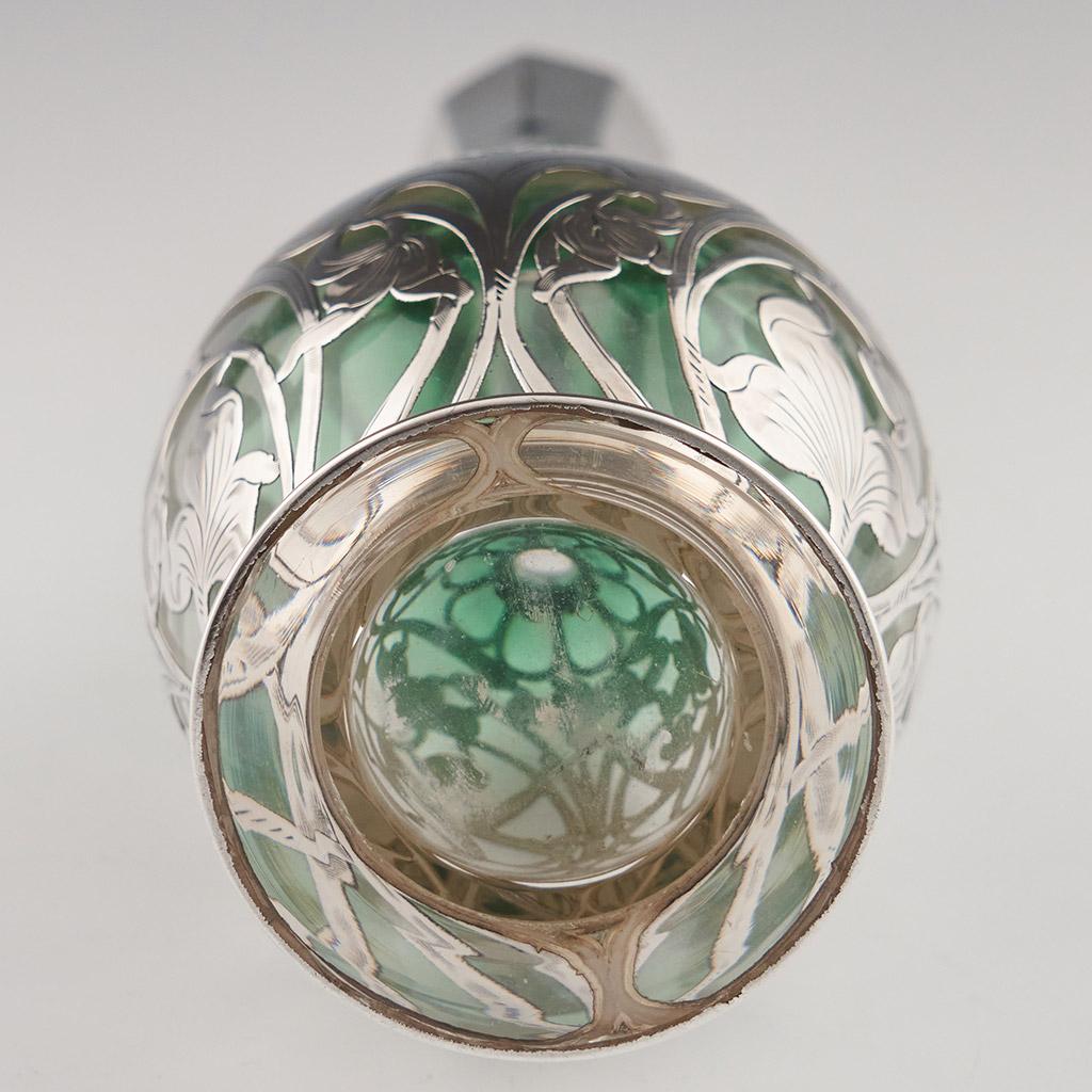 “Glass Decanter” American Green Glass Decanter with Silver overlay by Gorham - circa 1905