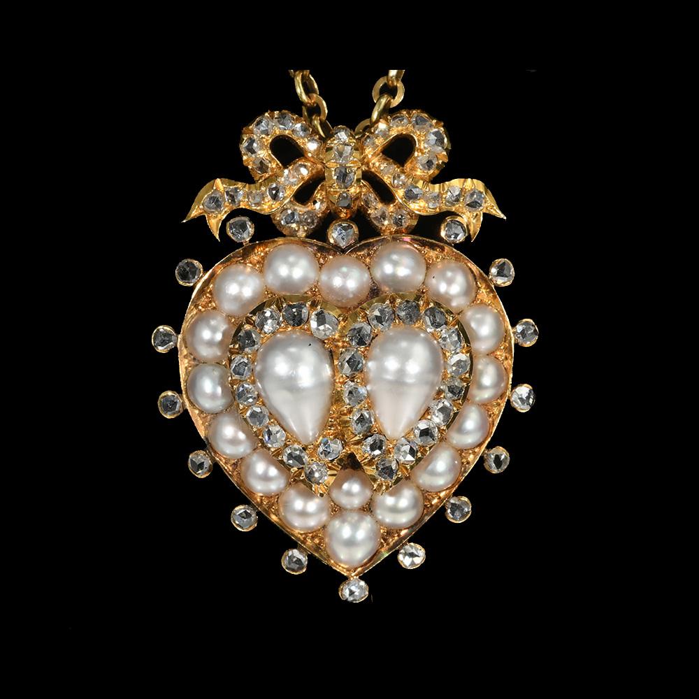 Victorian natural pearls gold diamond double heart pendant