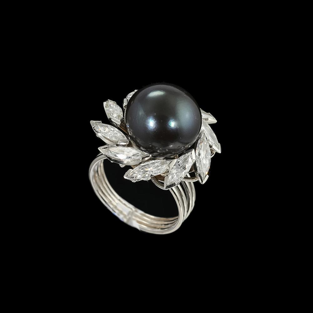 GRIMA marquise diamond black pearl ring, circa 1970