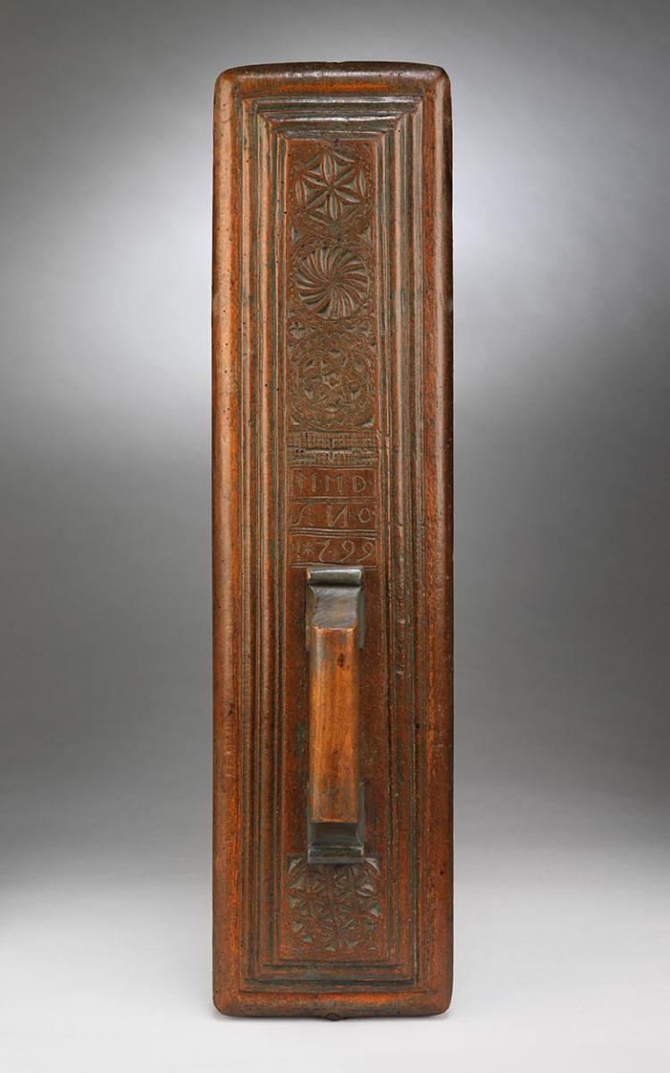 A Fine Broad Love Token Mangleboard With Moulded Edge and Fine Geometric Chip Carved Decoration Hand Carved and Painted Birchwood Scandinavian, Inscribed "MMD ANO 1799"