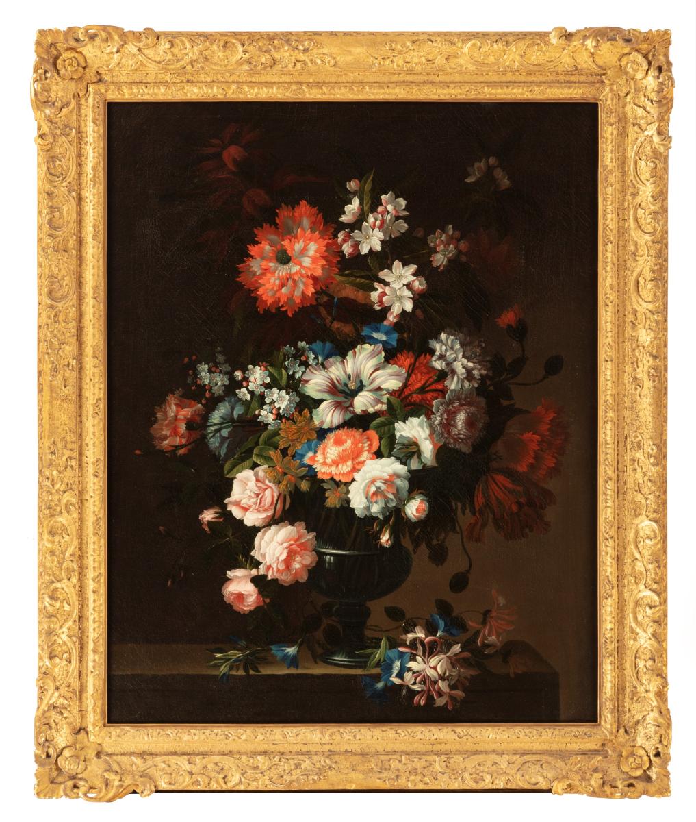 Pieter Hardime, Roses, tulips, carnations and other flowers in a glass vase, with honeysuckle and morning glory on a stone ledge