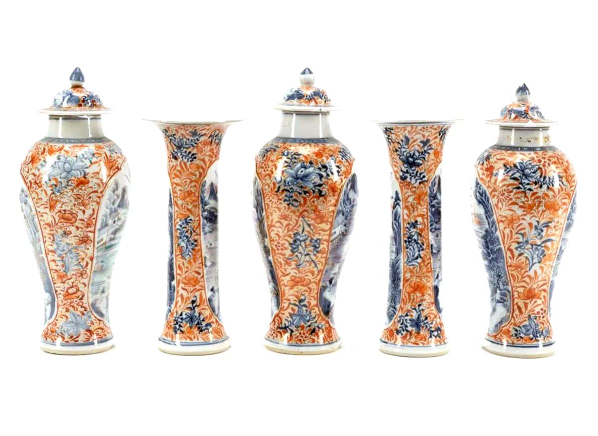 Chinese Export Porcelain Garniture of Five Vases & Covers with Rust Orange Ground