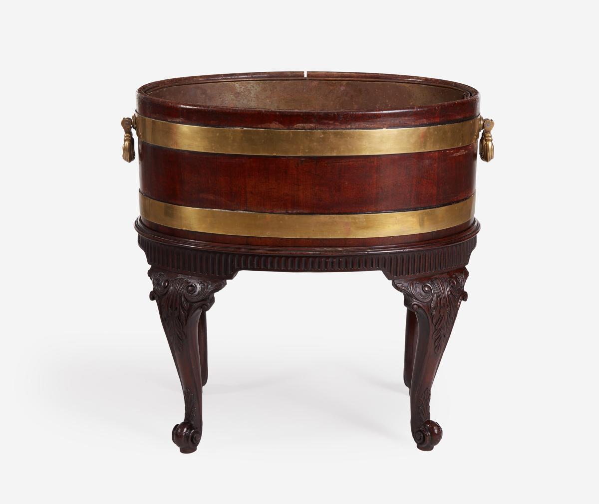 George III Brass Bound Mahogany Wine Cooler or Cellaret With Liner on Beautifully Carved Stand