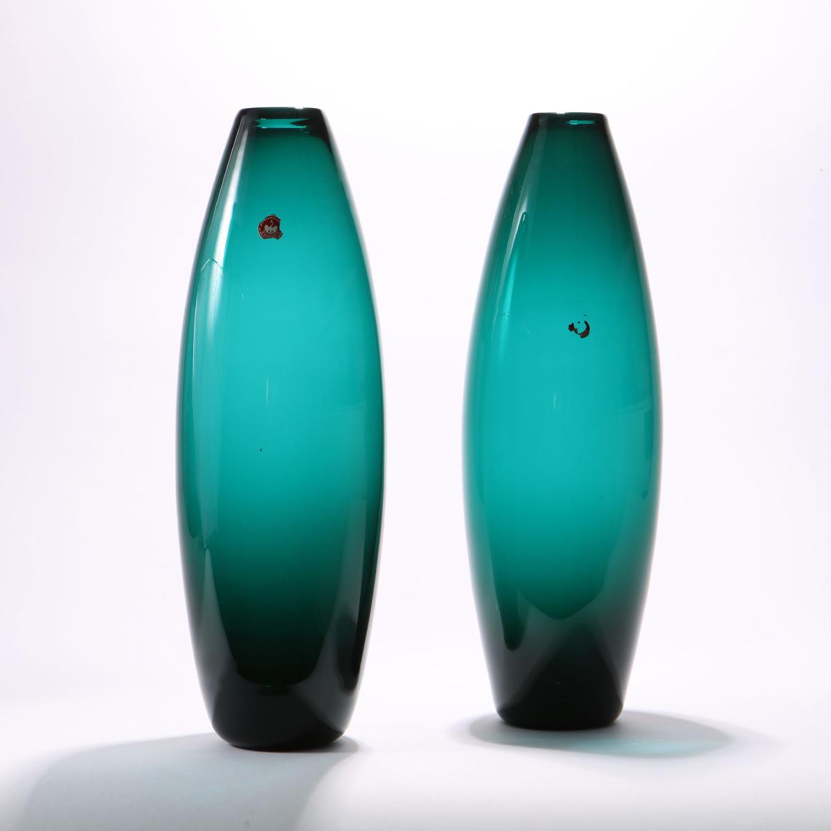 Holmegaard 'Greenland' teal-coloured glass torpedo vases