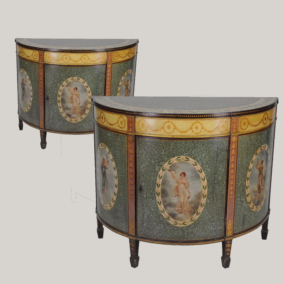 Pair of Painted semi elliptical side cabinets by Wright & Mansfield