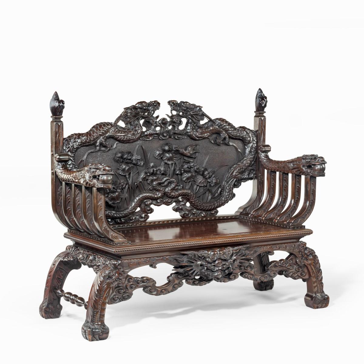 ornamental Meiji period two-seater hall bench
