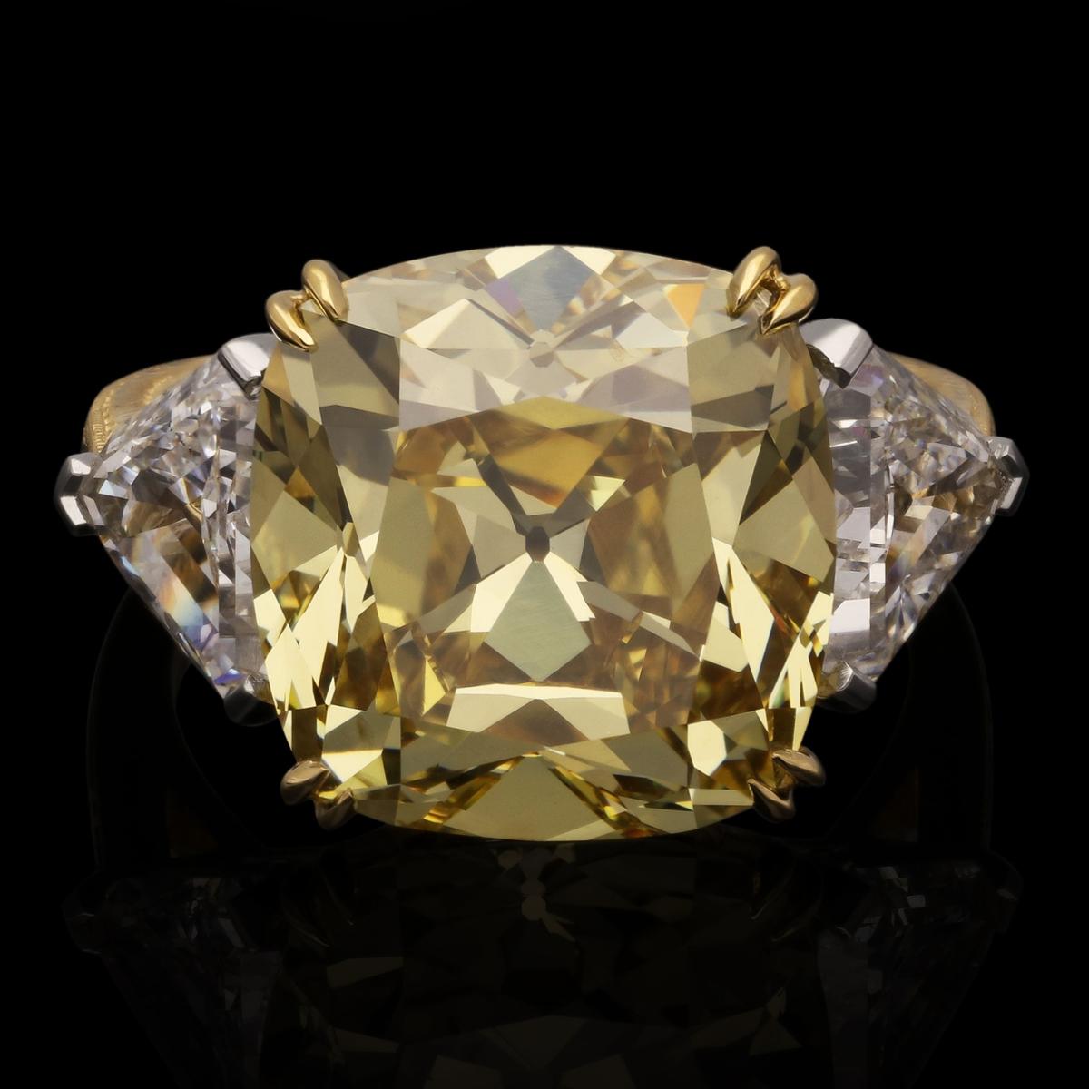 Hancocks 10ct Fancy Yellow Old Mine Cut Diamond Ring Triangular Diamond Shoulders