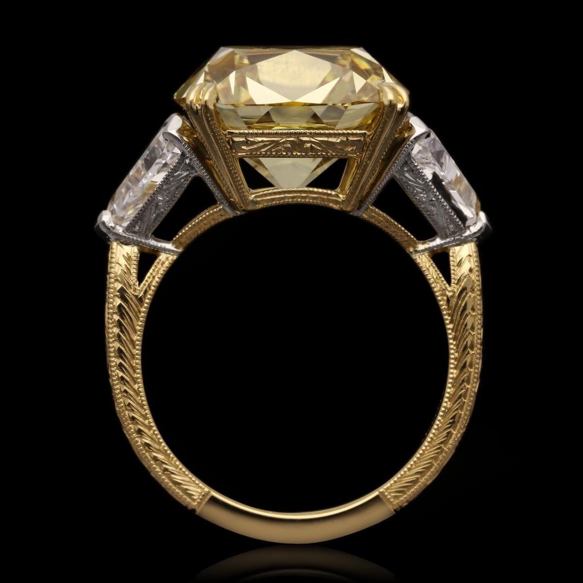 Hancocks 10ct Fancy Yellow Old Mine Cut Diamond Ring Triangular Diamond Shoulders