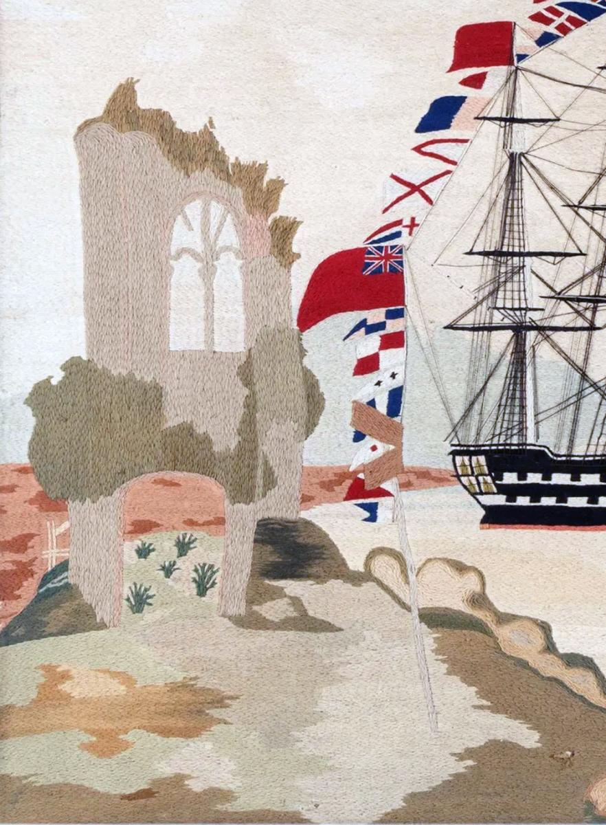 British Sailor's Woolwork-Large with Landscape Scene of Ruins and Deer,  Circa 1865