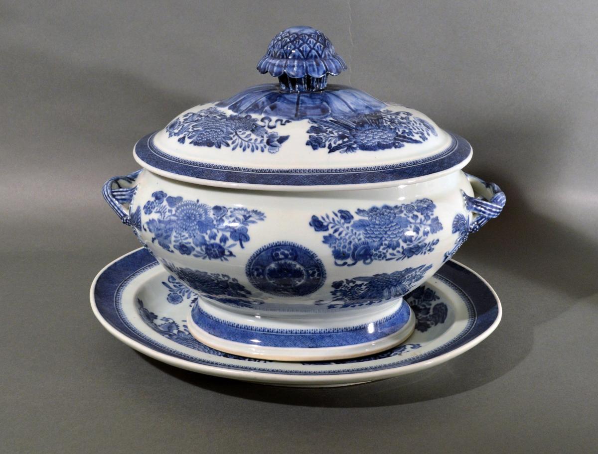 Chinese Export Porcelain Blue Fitzhugh Soup Tureen, Cover & Stand  Circa 1780-1810