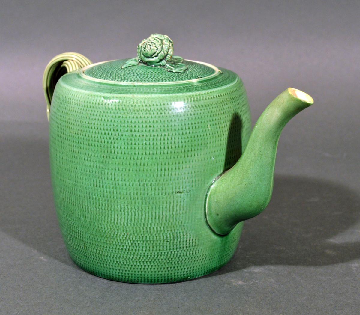 English Creamware Pottery Green Glazed Teapot & Cover, Swinton, Yorkshire, Circa 1770
