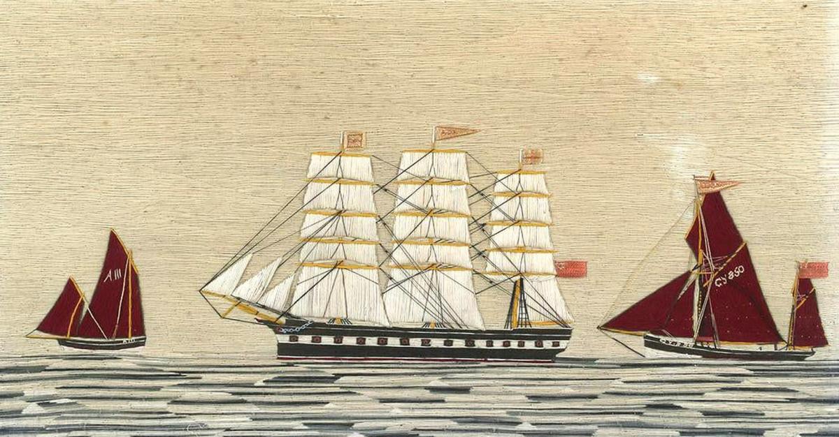 Large British Woolwork of Three Ships Including the Ada and Two Smaller Craft.  Circa 1875.