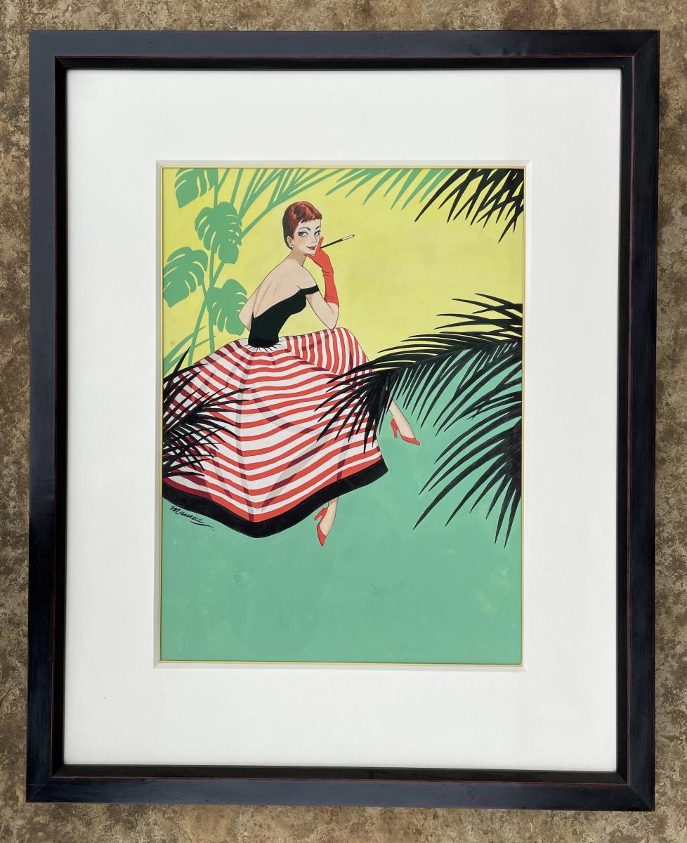 Maurice - 1950s British advertising or poster design watercolour of a Girl in a Striped Skirt