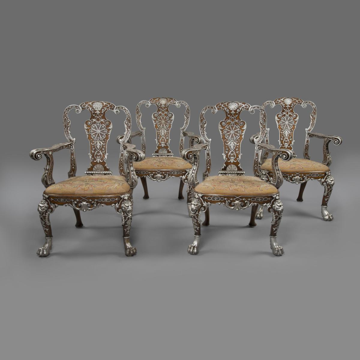 George I Style Carved and Part-Silvered Walnut Dining Chairs