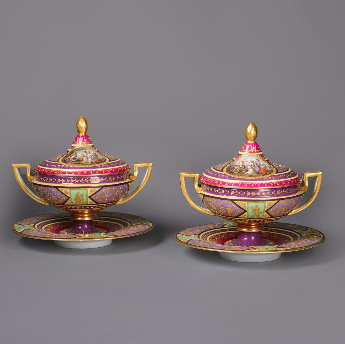 A Pair of Vienna Style Porcelain 'Ecuelles' (Soup Tureens with Covers, on Plates), Austria, Circa 1900.