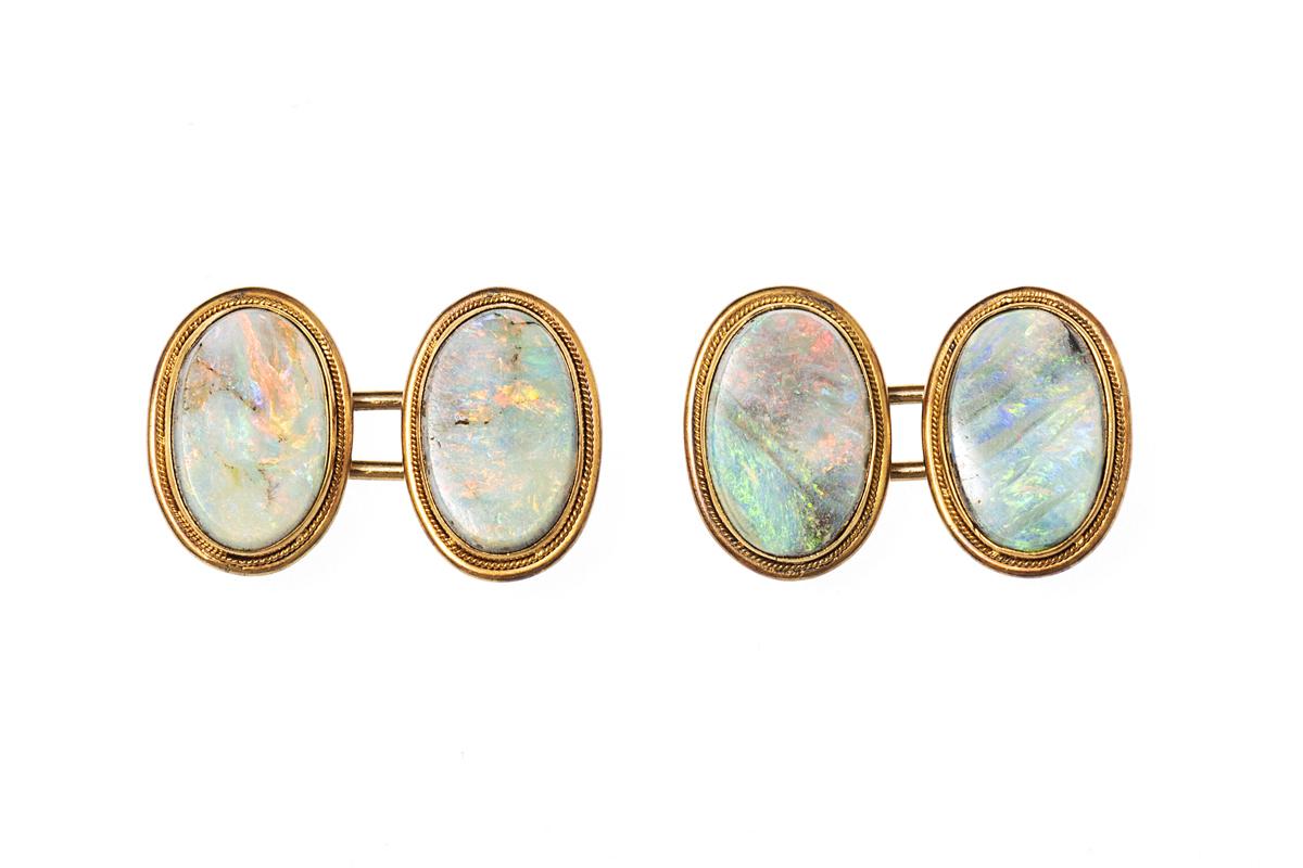Opal and Gold Cufflinks with Patterned Border circa 1890