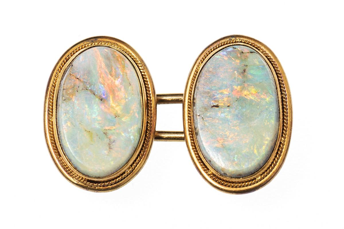 Opal and Gold Cufflinks with Patterned Border circa 1890