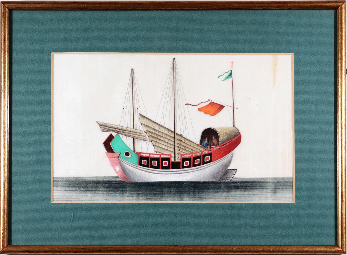 China Trade Watercolor Pictures of Junks & Sampans,  Set of Five,  Circa 1850