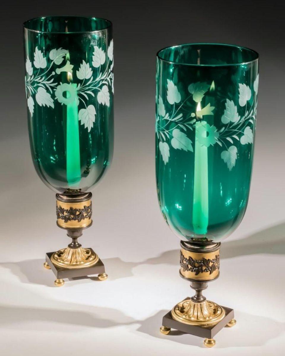 Pair of Ormolu and Bronze Mounted Green Storm Shades