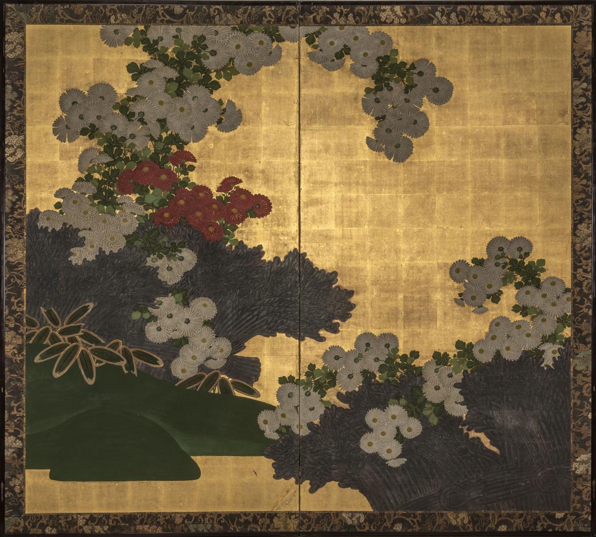 A two-fold screen with chrysanthemums