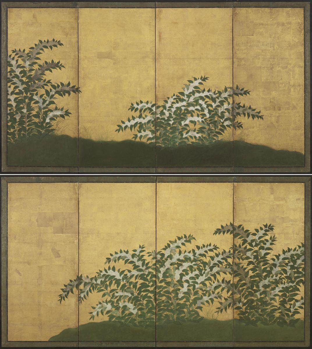 A pair of four-fold screens with chestnut flowers