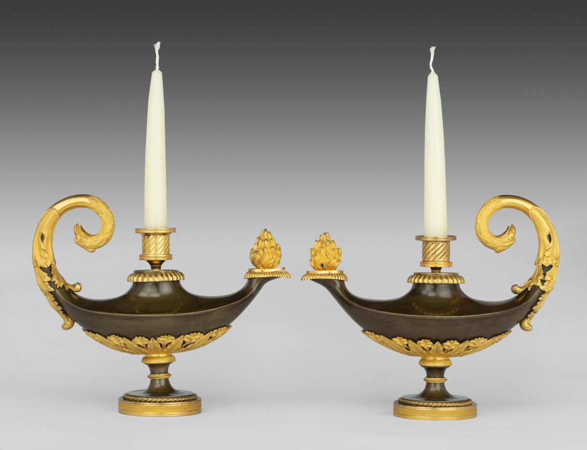 6974 Pair of Regency Bronze and Ormolu-mounted Cassolettes in the form of Antique Oil Lamps