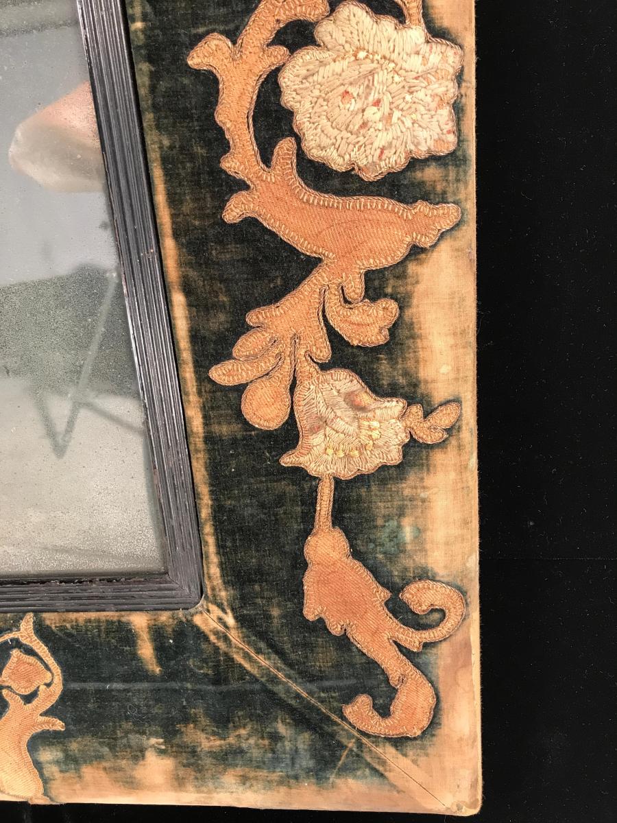 18th Century Green Velvet and Crewelwork Mirror