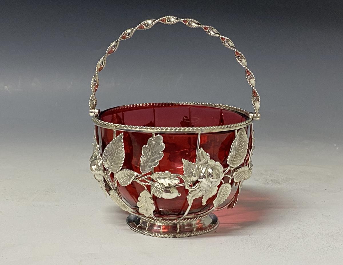Victorian cranberry glass silver basket 1858 Hilliard and Thomason Birmingham 