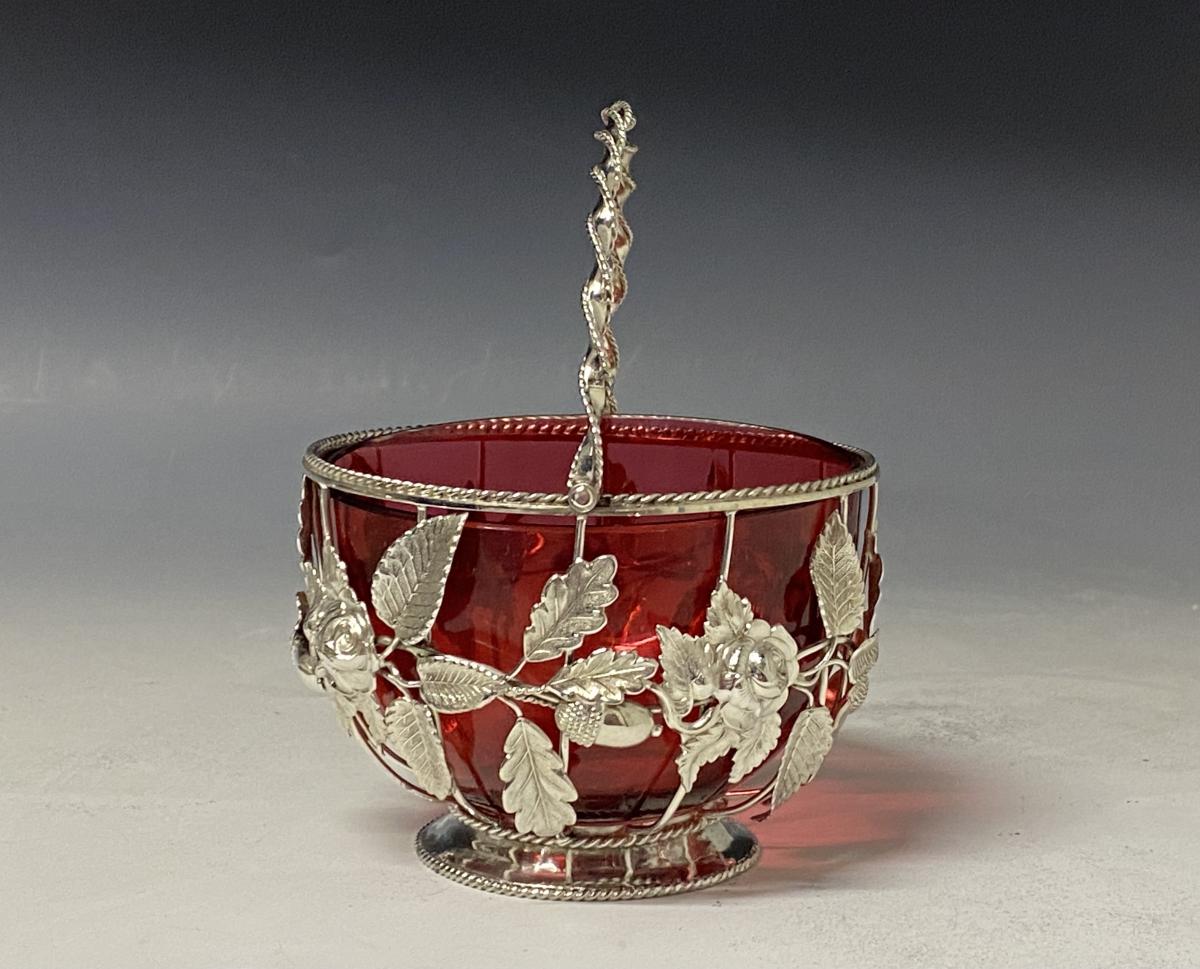 Victorian cranberry glass silver basket 1858 Hilliard and Thomason Birmingham 