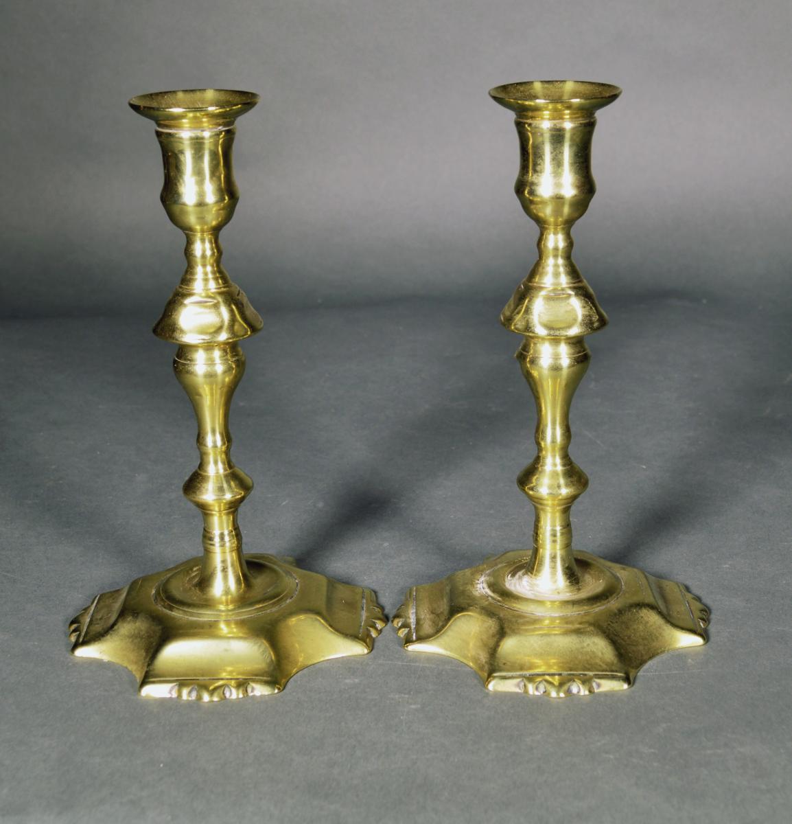 English Brass Candlesticks with Petal Base- Pair