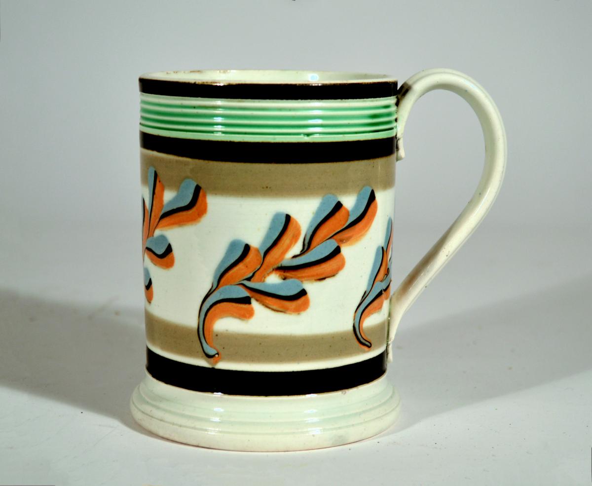 English Pottery Creamware Mocha Mug with Oak Leaf Decoration,  Circa 1800