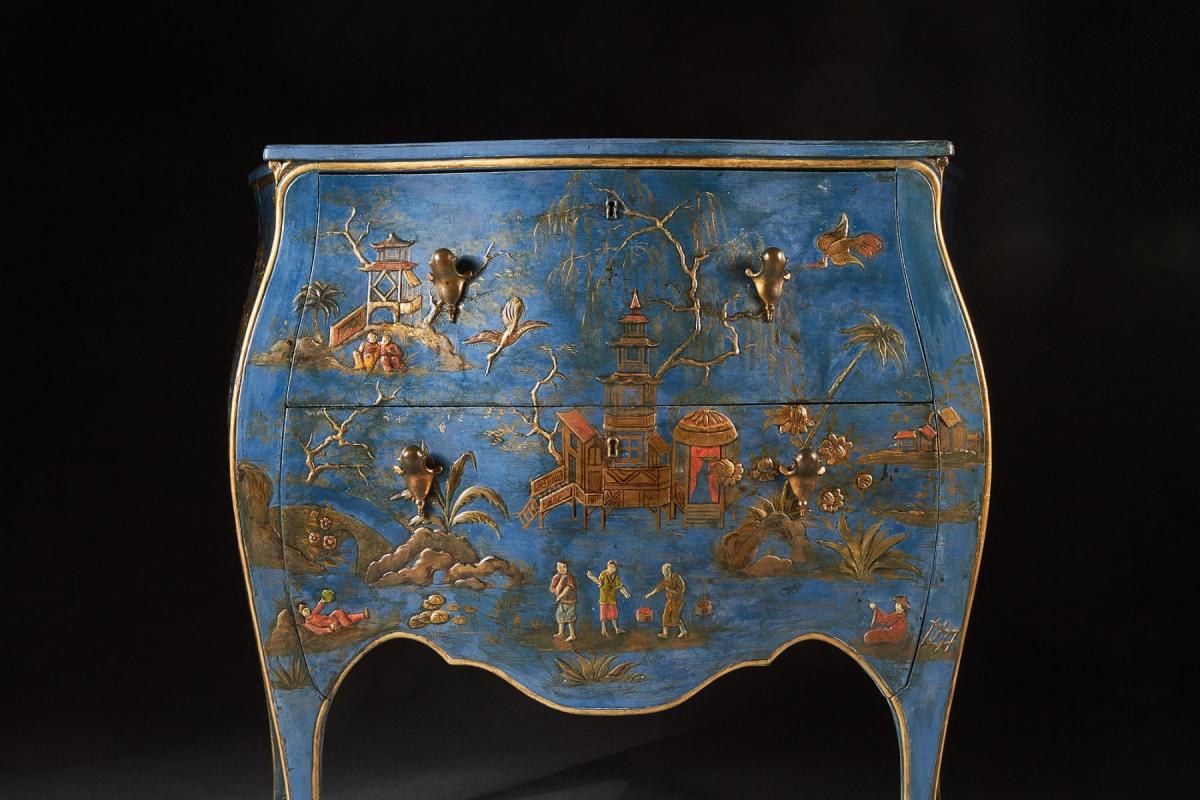 19th Century Pale Blue Japanned Bombe Chinoiserie Commode