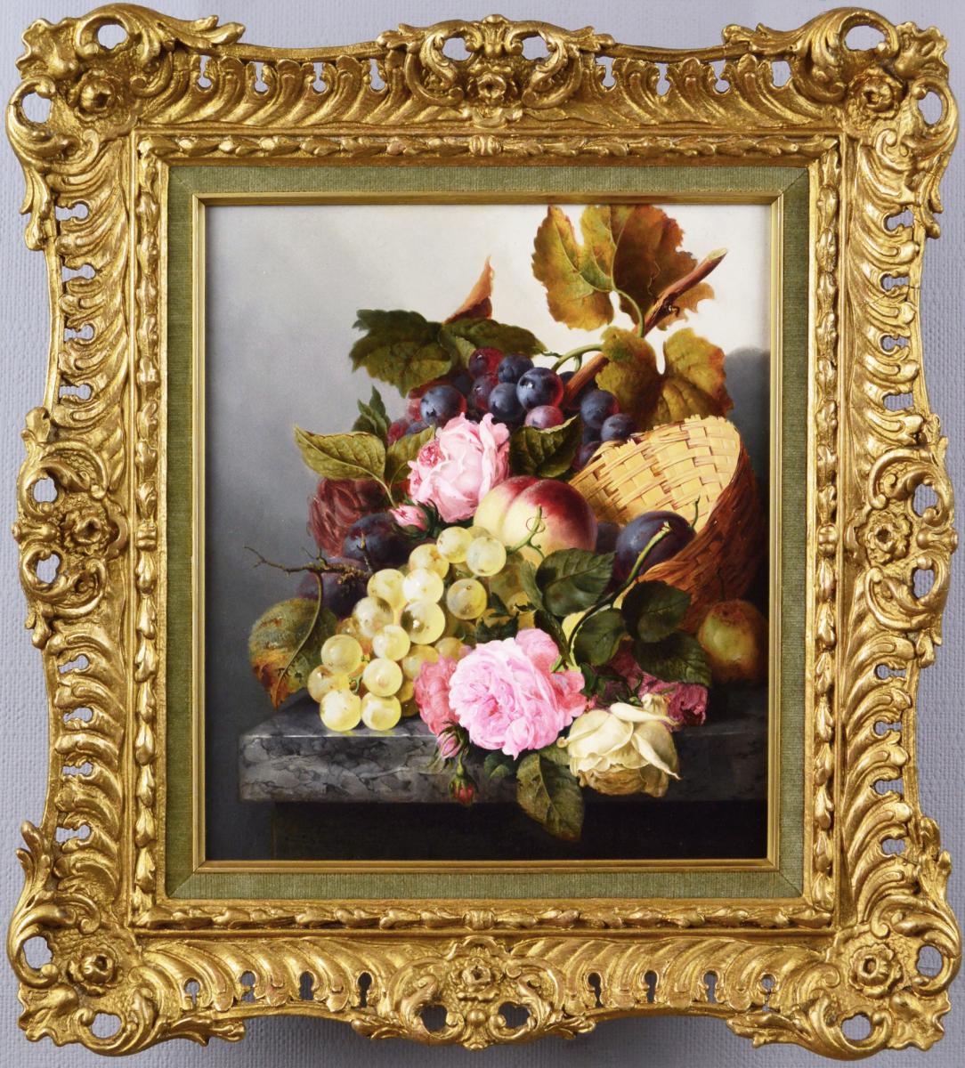 Still life oil painting of fruit & flowers in a basket by Edward Ladell