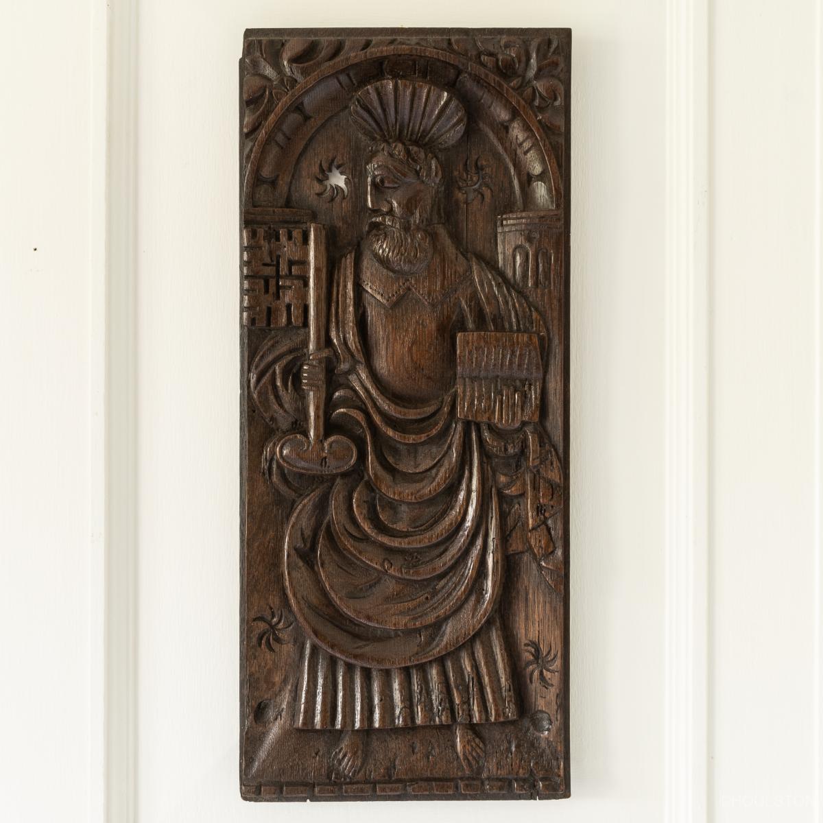 Two early 16th century carved panel of Saint Peter 