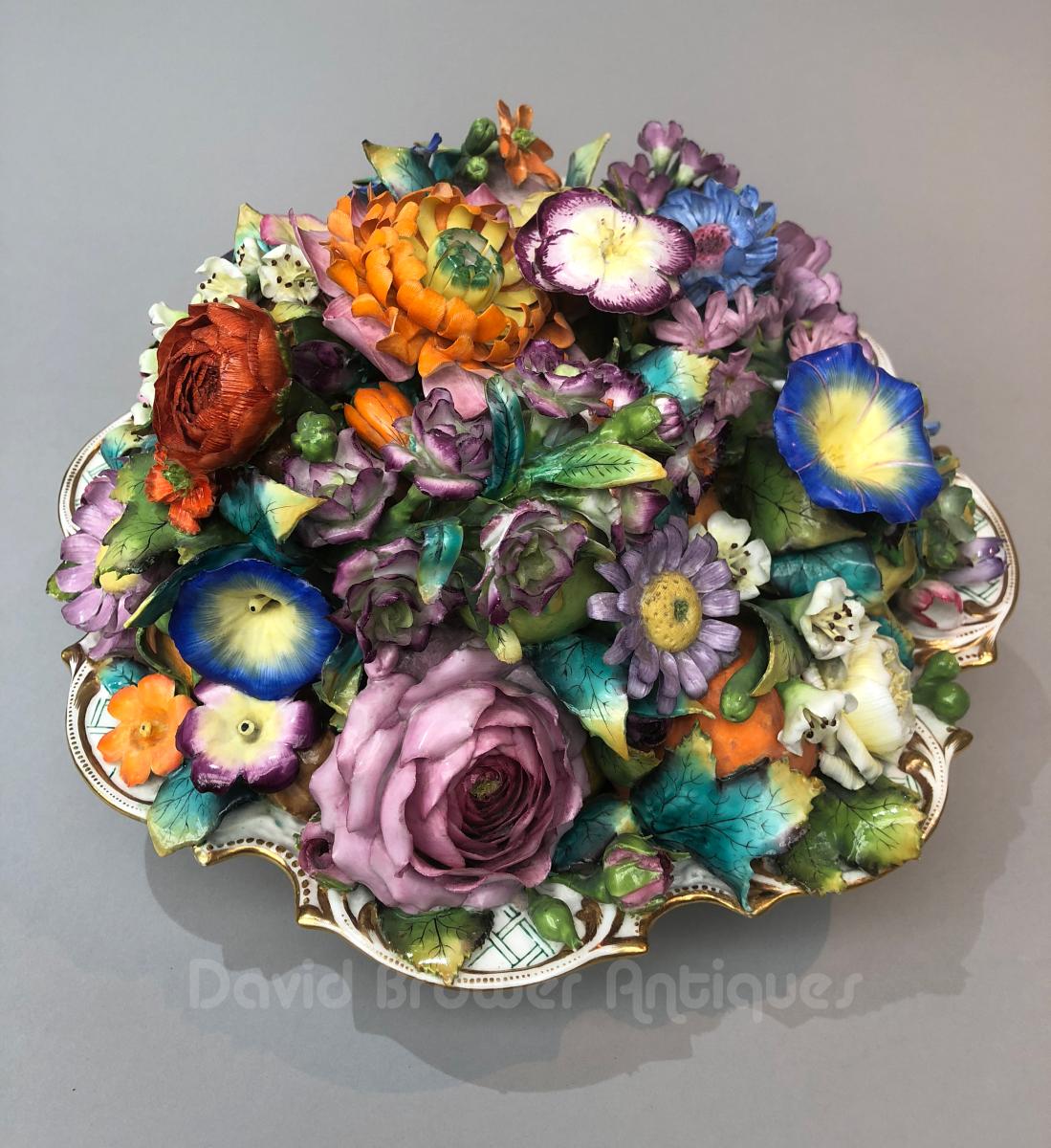 Minton trompe l’oeil dish encrusted with porcelain flowers