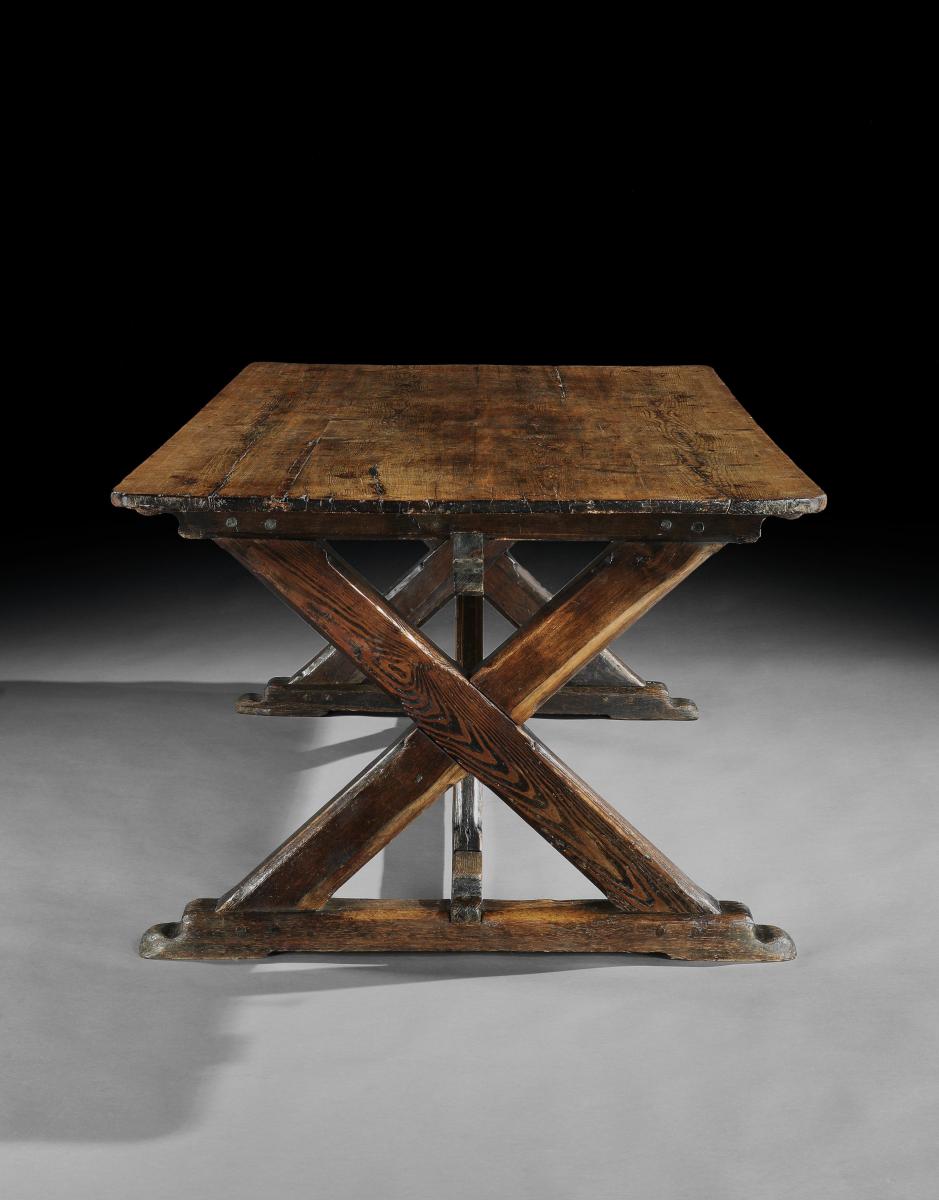 Handsome Trestle Based "X" Frame Dining Table  With Wishbone Bracing Stretchers and Sledge Feet Richly Patinated Pine