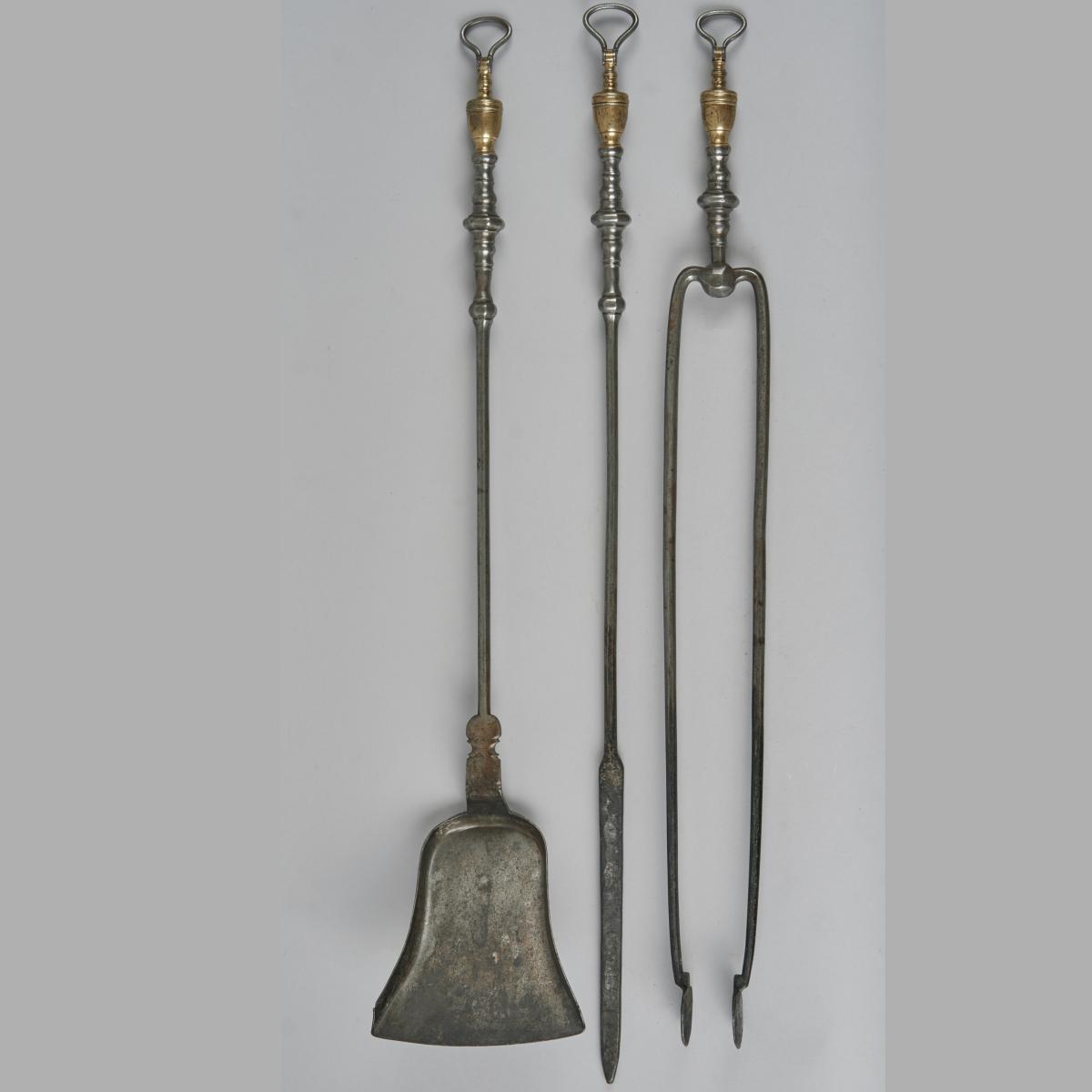 18th century wrought iron and brass firetools